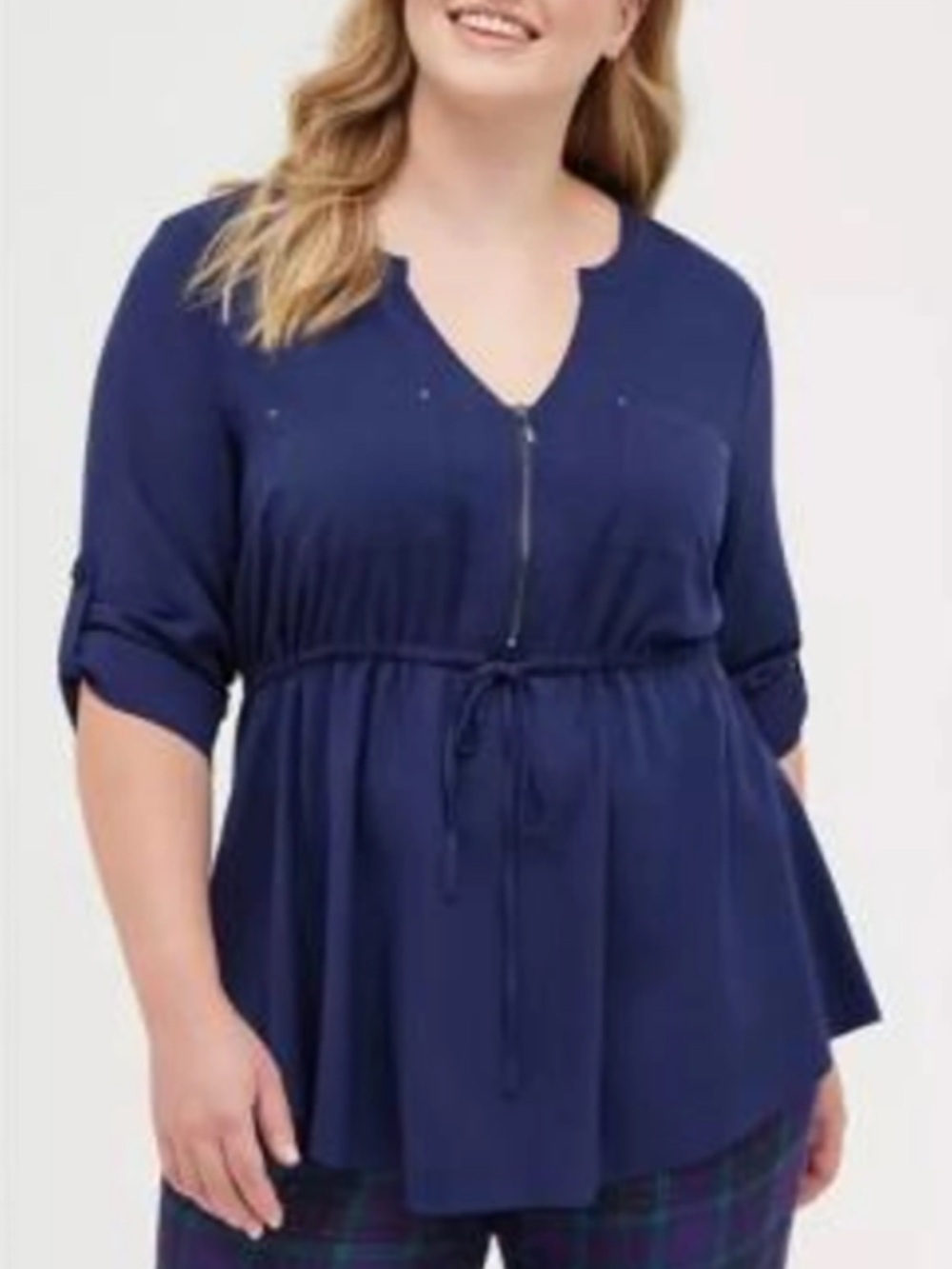 torrid Navy 1/4 Zip-Front Drawstring Waist Peplum Top